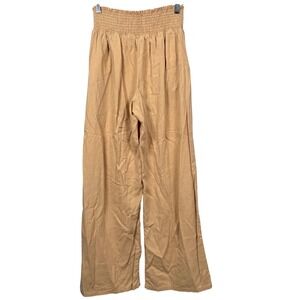 Bebop Women L Wide Leg Linen‎ Blend Pants Beige Smock Waist Casual Comfy Coastal